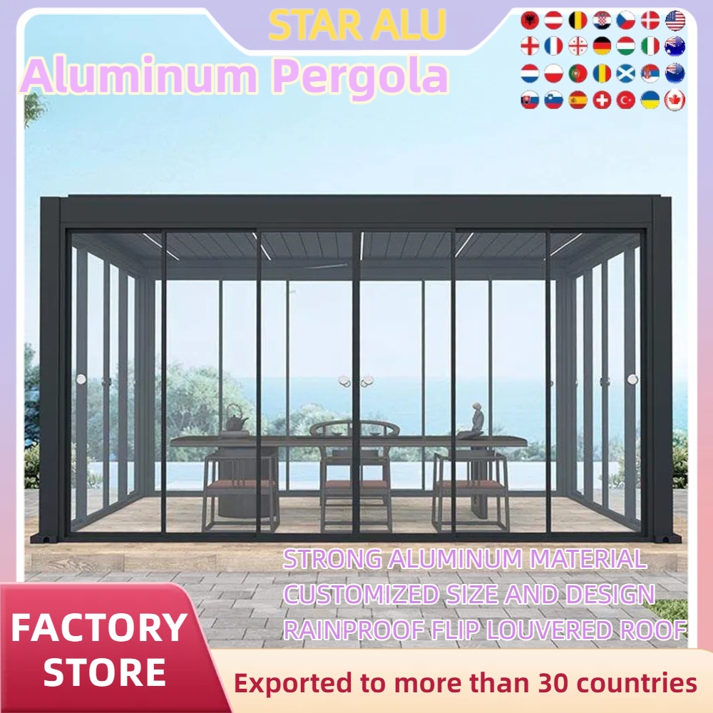 Outdoor Lighting Restaurant - Aluminum Bioclimatic Pergola Sliding Glass Waterproof
